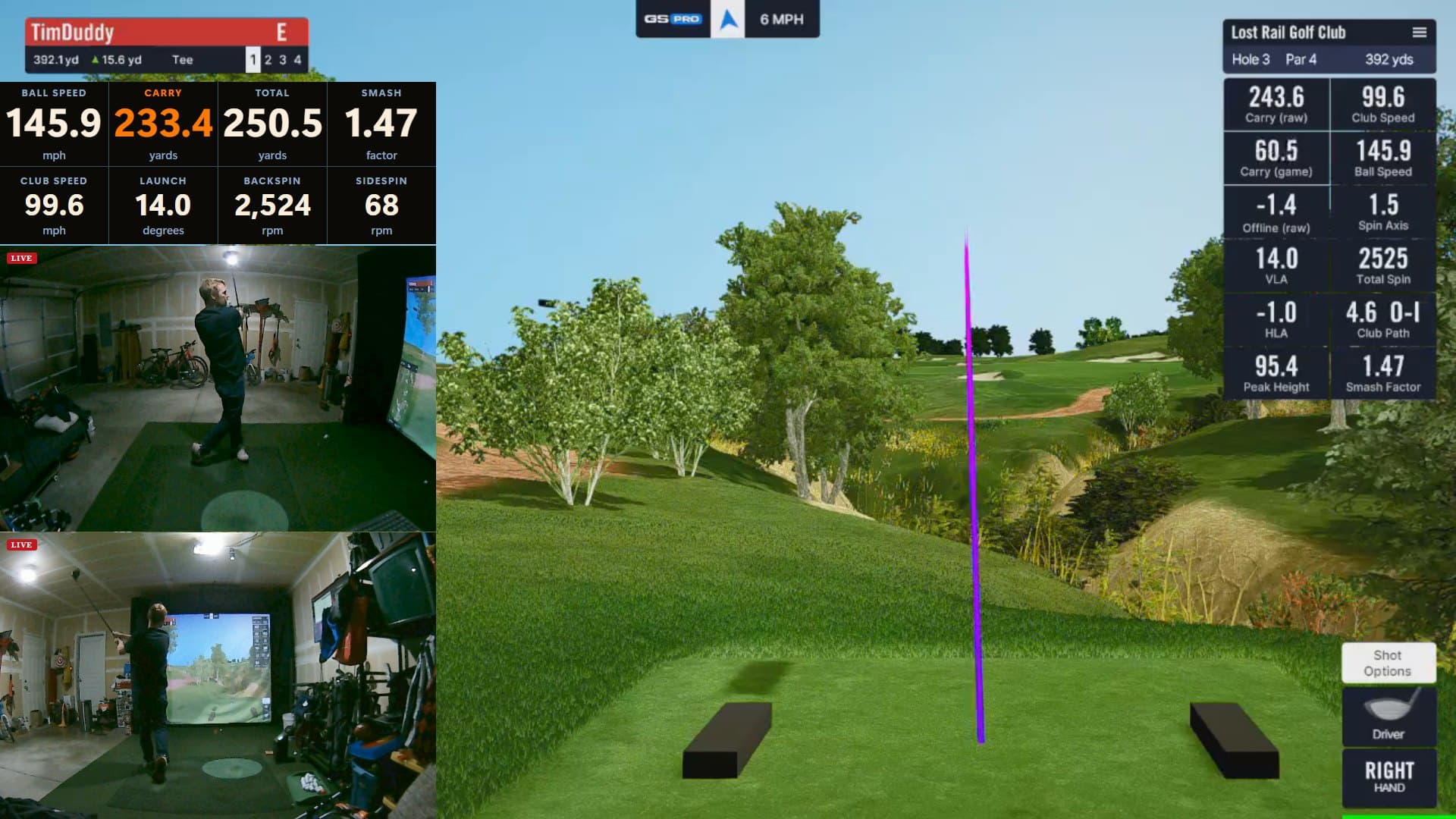 A Trundle broadcast scene: GSPro with the drive's tracer, two bay cameras marked live, and the Shot Data widget above them.