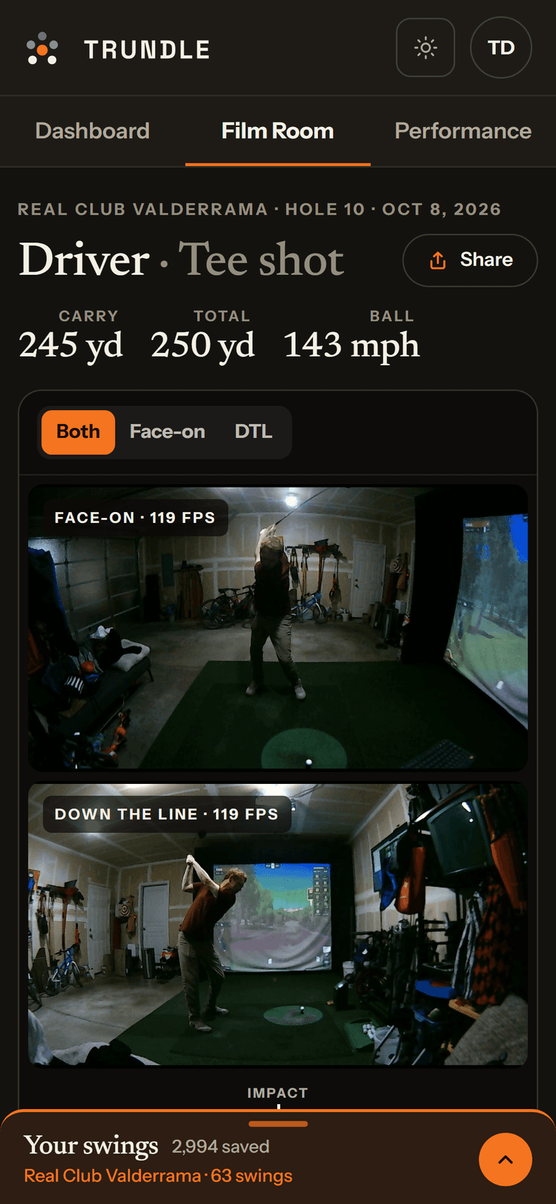 Film Room on a phone: face-on and down-the-line angles stacked, with the scrubber and the swing library.