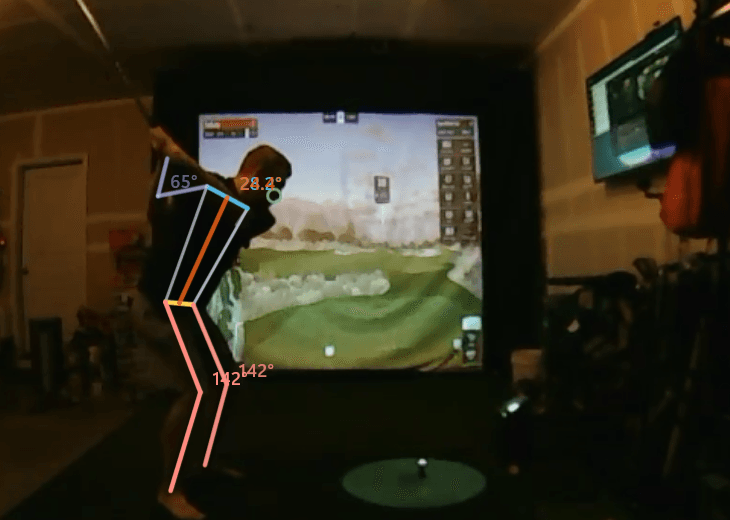 Close crop of the down-the-line camera: the golfer at the top of the backswing with spine, shoulder, arm and leg lines drawn on, each labelled with its angle in degrees.