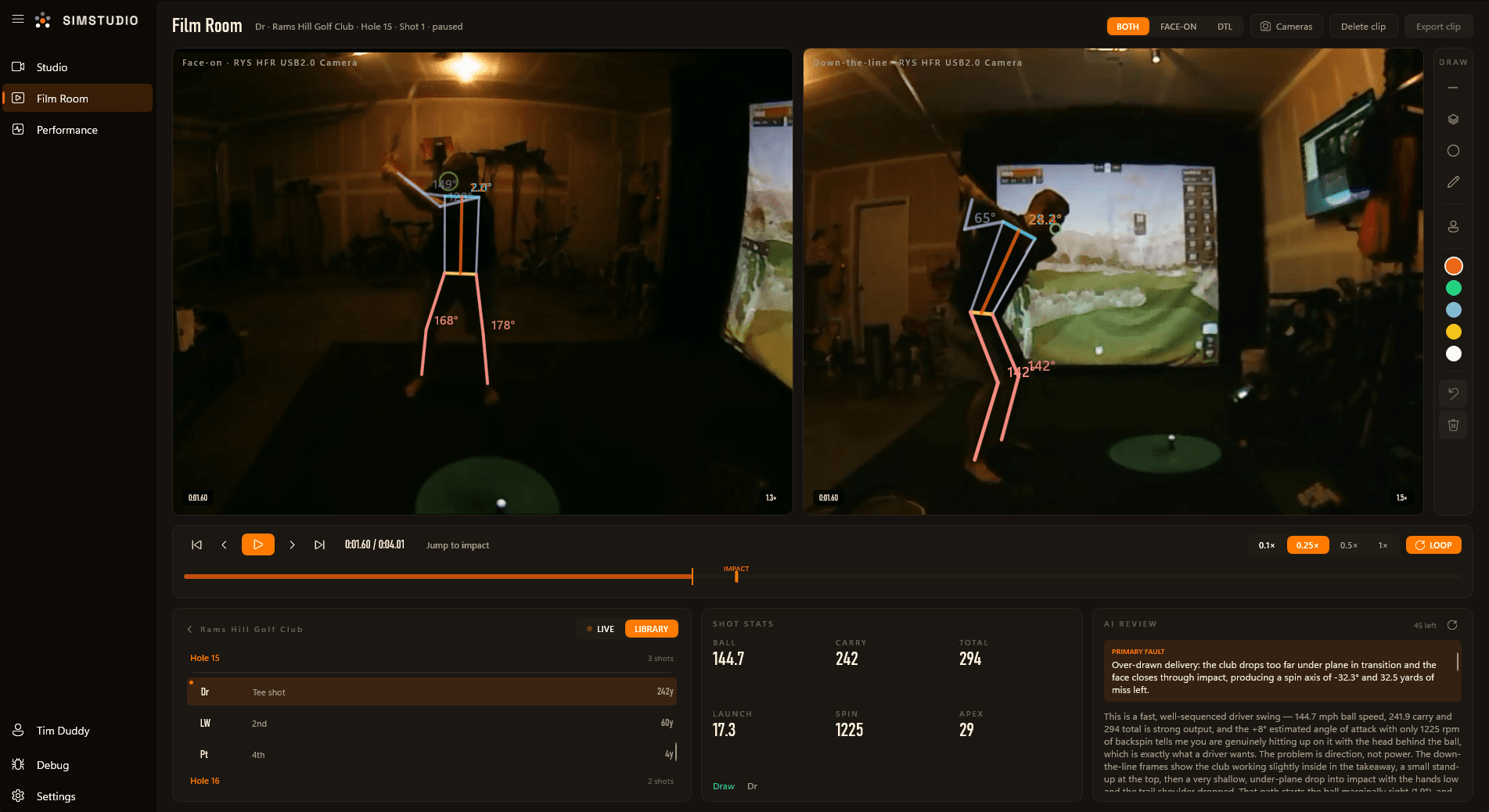 Film Room: one swing from a face-on and a down-the-line camera on the same frame, body tracking drawn over both, ball data and a written AI review beneath.